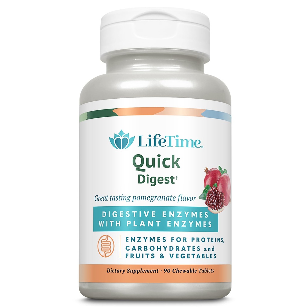LifeTIME Quick Digestive Enzymes - צמחים Enzymes עבור חלבונים, carbohydrates, פירות וירקות - תמיכה בריאות העיכול - Pomegranate Flavor - 90 משרתים, 90 טבליות Chewable Tablets