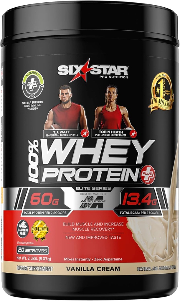 Whey חלבון אבקה + Immune תמיכה | Six Star Whey חלבון Plus | Whey Protein Isolate & Peptides + שריר בונה | אבקת חלבון Lean עבור שריר מקבל & Recovery | Vanilla, 2 lbs