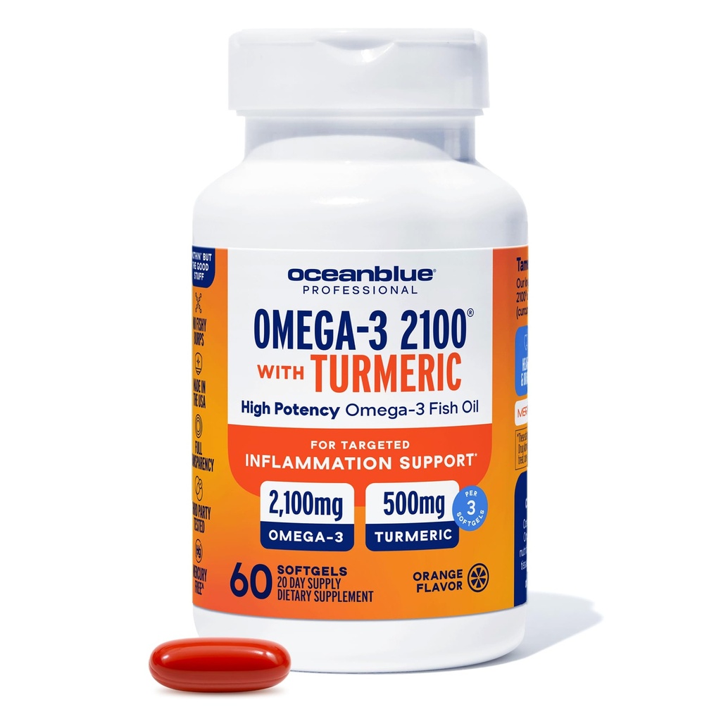 Oceanכחול 2100 שומן משולש אומגה 3 עם Turmeric | Burpless אומגה 3 Combo תוספת עם Curcumin EPA DHA DPA לב ותמיכה משותפת | 60 Softgels