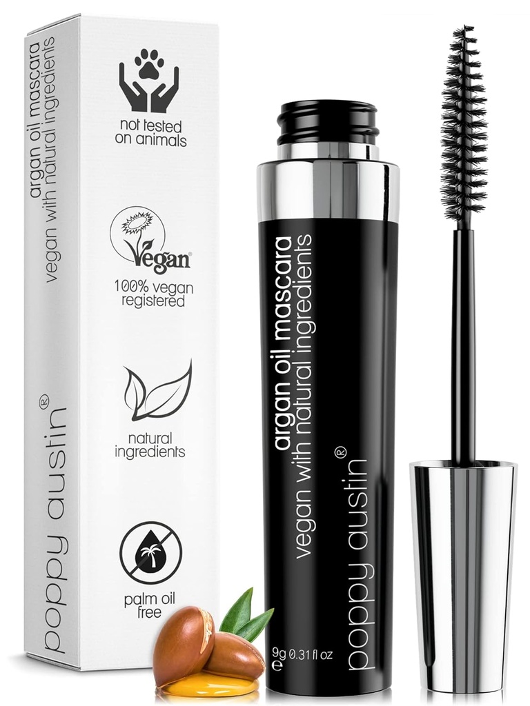 Poppy Austin Organic Mascara, Natural, Vegan, Paraben-Free, Cruelty-Free - Hypoallergenic Mascara Lengthening & Volumizing with Argan Oil - 0.31 Fl Oz (Black)