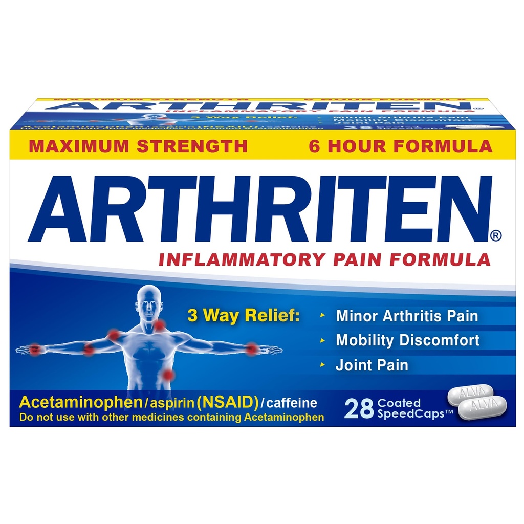 Inflammatory Pain Formula Caplets עם 3 רכיבים פעילים: Aspirin, Acetaminophen & Caffeine, White, 28 Count (Pack of 1)
