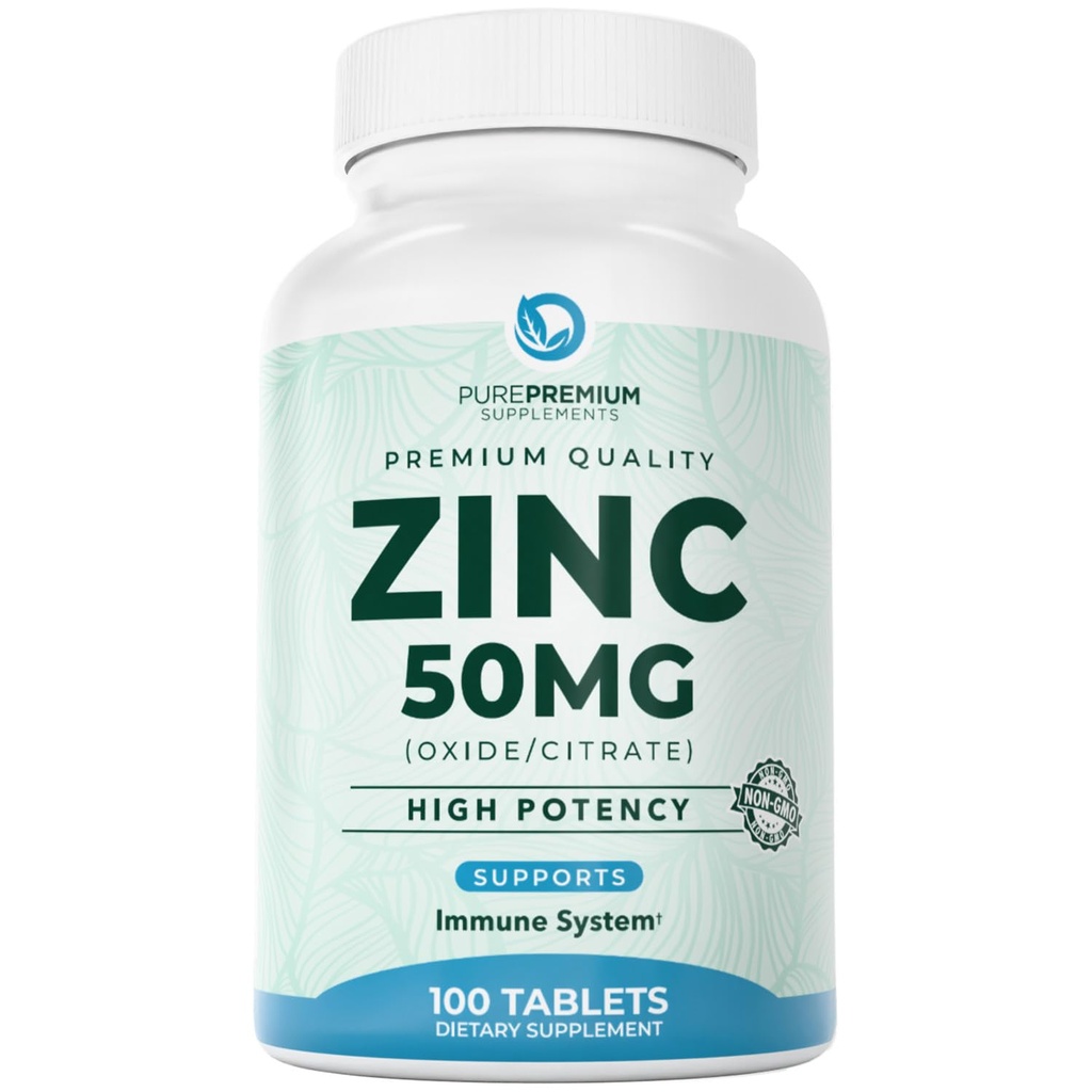 PurePremium Natural Zinc 50 מ"ג תוספת לגברים / נשים - ויטמין GMP-Certified High Potency ויטמין Zinc Citrate/Oxide for Adults, Immune Antioxidant, Energy Support - 100 טבליות