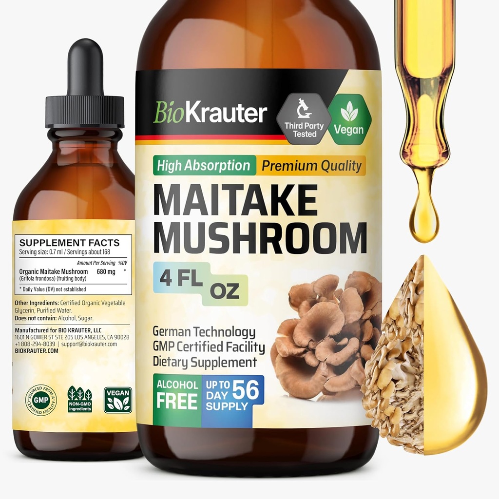 BIO KRAUTER Maitake Mushroom Extracts תוסף נוזלי עבור Immune תמיכה - 680 מ"ג לכל המשרת - טבעוני, אלכוהול & סוכר טיפות חינם 4 Fl.Oz.