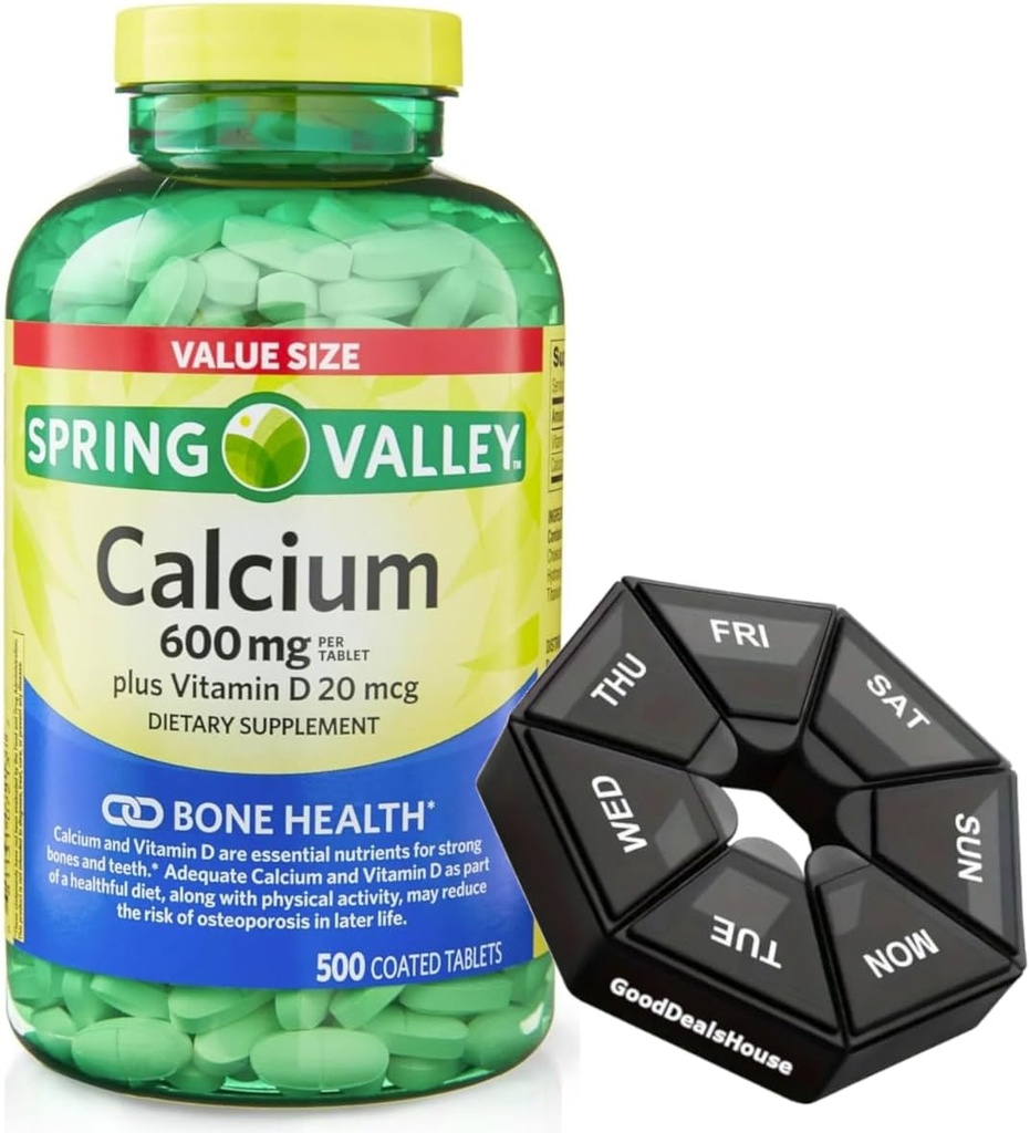 Spring - Valley Calcium 600 מ"ג + ויטמין D 20 mcg - 500 Count with Weekly Pill Organer GoodDeals House - Bone Health Dietary Tablet