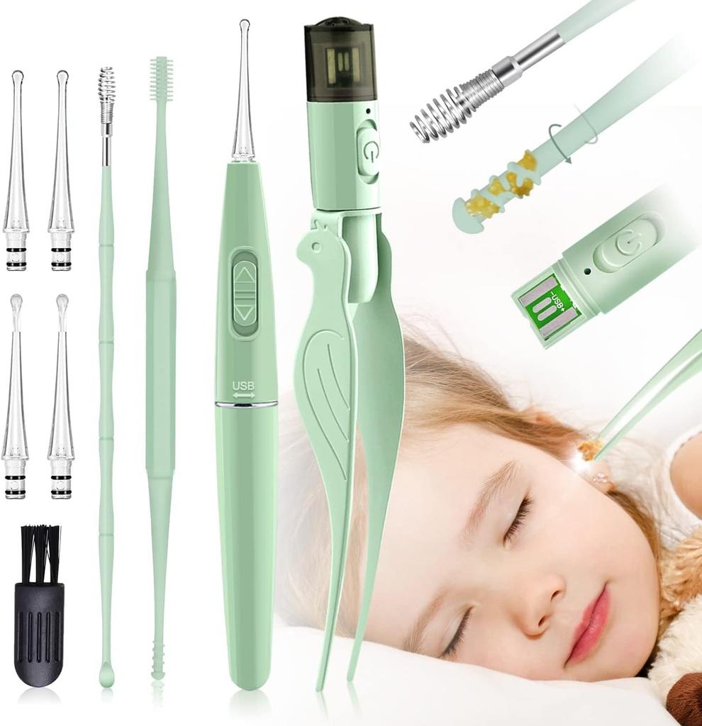 אוזן Wax Removal Tools,9 Pack אוזניים ניקוי כלי, Ear Pick with 2 LED אורות,Built-in USB אוזניים Wax Remover לילדים ומבוגרים