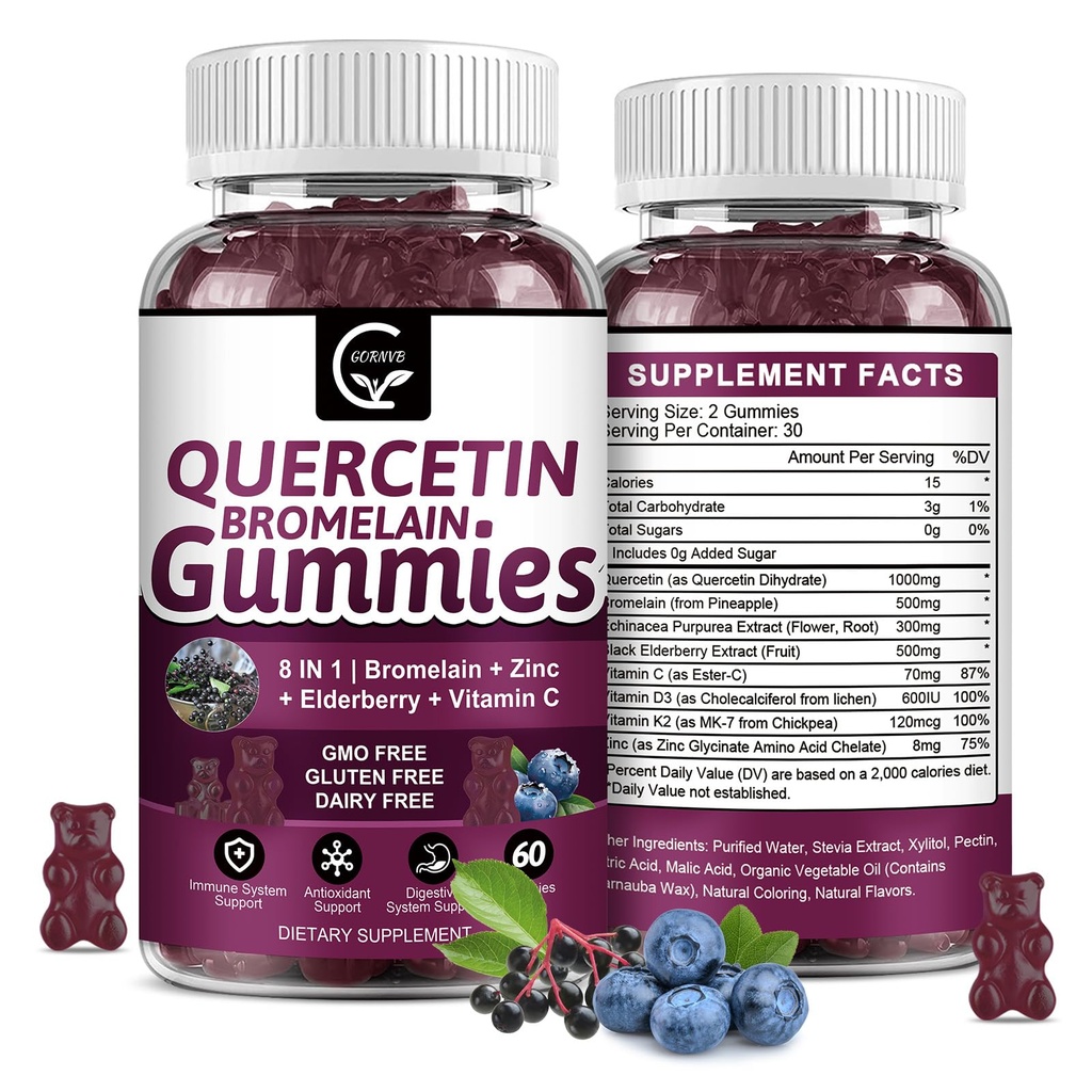 Quercetin Gummies עם Bromelain 2378 מ"ג - בלגן עם Elderberry, Echinacea Purpurea Extractea Extractea, Zinc, ויטמין C,D3,K2, תמיכה מורכבת Immune, Cardiovascular & Respiratory, חניכיים למבוגרים ולקיד, חניכיים טבעונית עבור מבוגרים & .