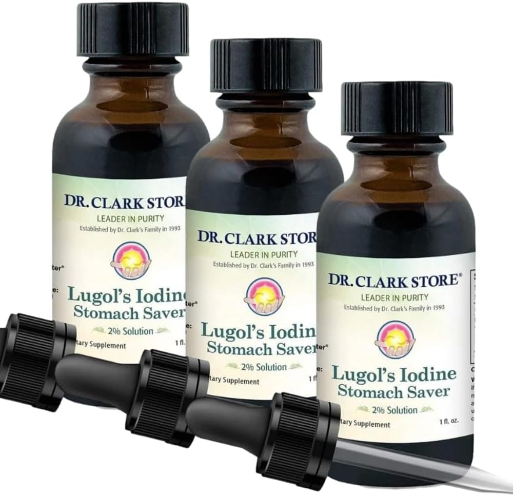 Dr. Clark Lugol's Iodine 2% פתרון - Aqueous ו-2% Granular Iodine - Natural Stomach Relief and Healthcare - 1 fl. Oz with a Dropper 3Pack