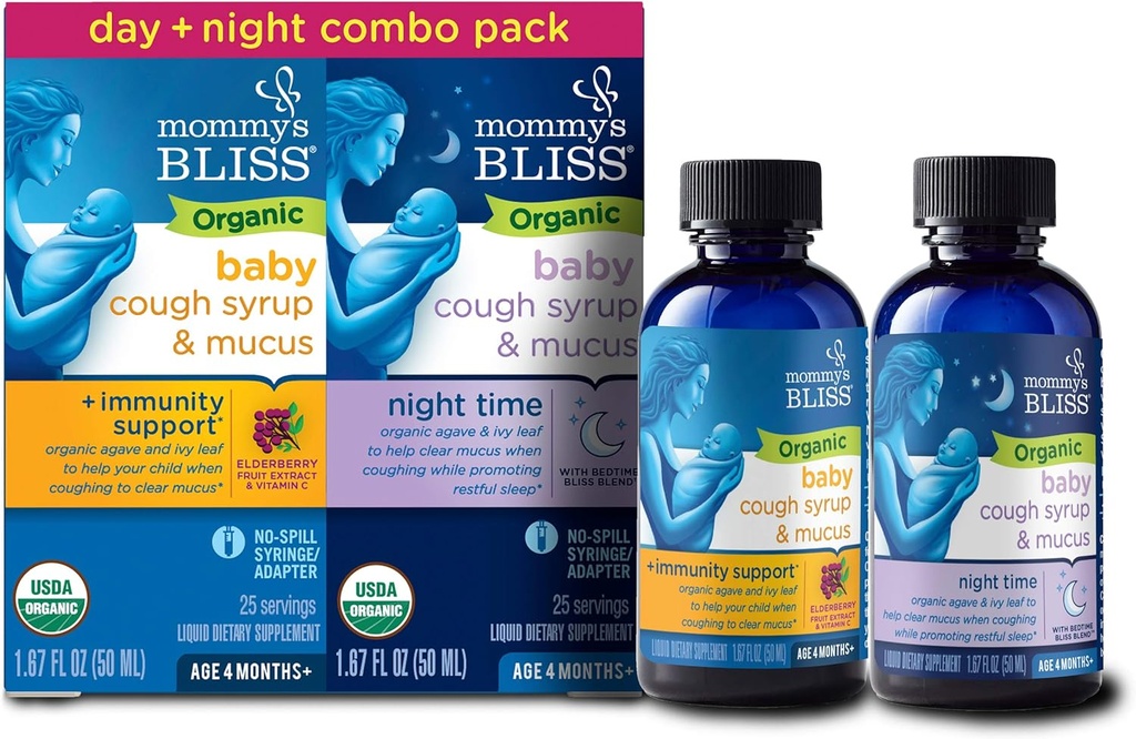 Baby Cough Syrup & Mucus Relief, Day and Night Combo Pack,s Organic Agave ו- Ivy Leaf, For Ages 4 חודשים+, 1.67 Fl Oz (Pack of 2)