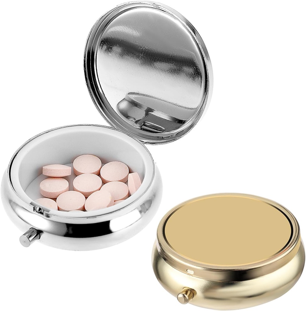 2Pcs Pill Box Small Pill Case for Purse or Pocket, Portable Sweet Pill Container Metal Pill Box Talent Medicine, ויטמין, שמן דגים ותוספים הולדר (Silver & Gold)
