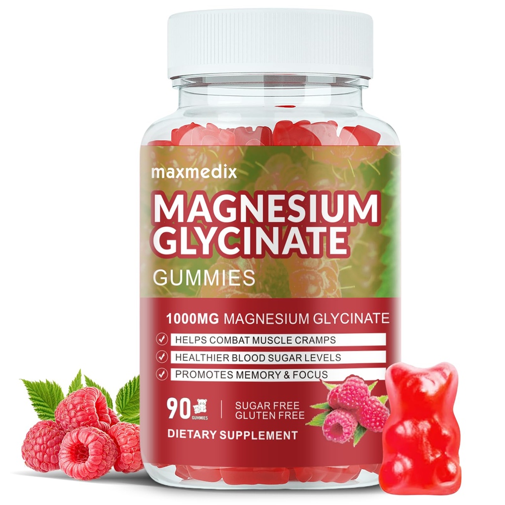 מגנזיום Glycinate חניכיים 1000 מ"ג, סוכר חינם Magnesium Potassium תוספי Chewable למבוגרים עם L-Threonate for Sleep, Body Support andlaxation,90 Raspberry Gummies