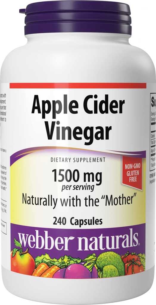 Webber Naturals Apple Cider Vinegar קפסולות עם אמא, 1500 מ"ג לשרת, עתיר גבוה, 240 קפסולות, תמיכה עיכול טבעית, סוכר, חלב וגלוט חינם חינם