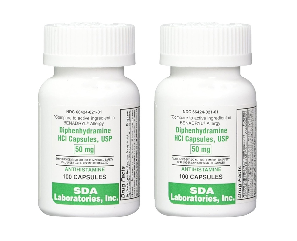 SDA LABORAIES Diphenhydramine 50 מ"ג, Allergy Relief, Antihistamine קפסולות, Fast-Acting פורמולה עבור Sneezing, Runny Nose & Itchy Eyes - 100 Count (2 Pack)