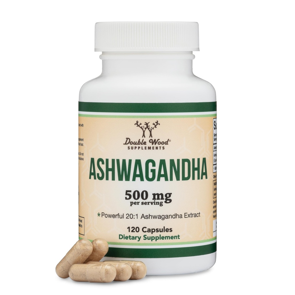 Ashwagandha כמוסות, 120 Count (500 מ"ג לחלץ 20:1 Potency) הסתגלות מתח הסתגלות על ידי Double Wood