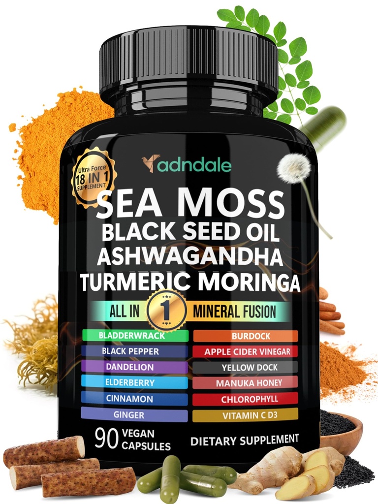 Adndale Sea Moss Black Seed Oil אשוגנדה ז'ינג קפסולות. SeaMoss כמוסות עם Black Seed שמן, אשוגנדה, Turmeric, Moringa, Bladderwrack, Burdock Root, Manuka Honey, Cinnamonmona, Turmeric, Moringa, Bladderwrack, Burdock Root, Burdock Honey, Cinnamonmon