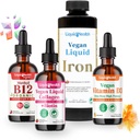 LIQUIDHEALTH Vegan Daily Essentials Kit with Organic Methyl B12 טיפות, טבעוני נוזל קולאזן + ביוטין, ברזל נוזלי, ויטמין D3 טיפות - 100% תוספי ויטמינים המבוססים על צמחים, המיוצר בארה"ב