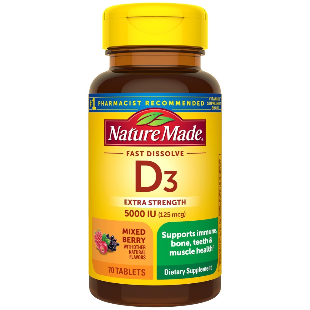 הטבע עשה ויטמין D3 5000 IU (125 mcg) תוספת כוח, ויטמין D תוספת לתמיכה ב- Immune, 70 Sugar Free Fast Dissolve Tablet, 70 יום אספקה