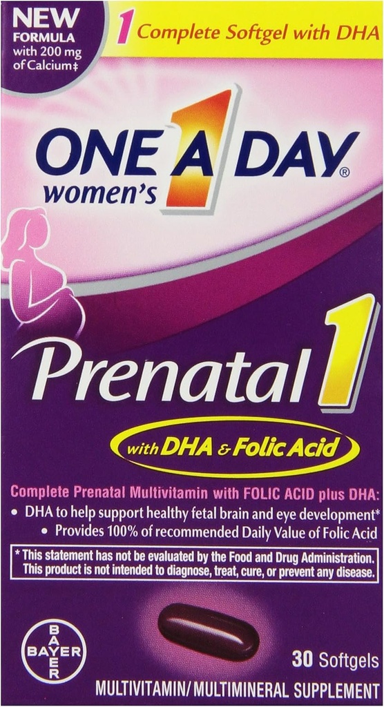 One A Day Women's Prenatal 1 Multivitamin, תוספת לפני, במהלך הריון פוסט, כולל ויטמינים A, C, D, E, B6, B12, אומגה 3 DHA, 30 הרוזן