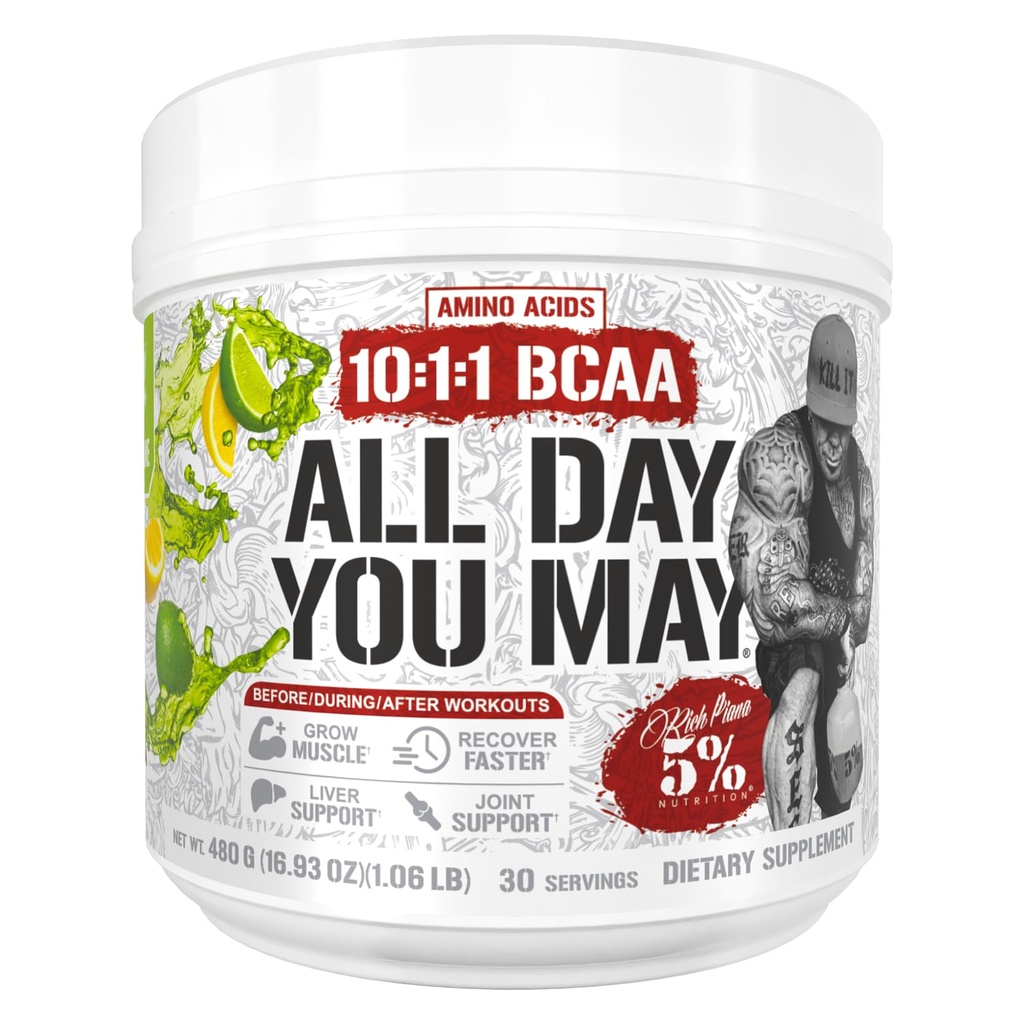 5% תזונה עשירה Piana AllDay You May BCAA אבקה | Premium Intra & Post Workout Amino Acids, הידרציה, אנדורנס, התאוששות שרירים, תמיכה משותפת ו Liver; 15.3 oz, 30 משרתים (Lemon Lime)