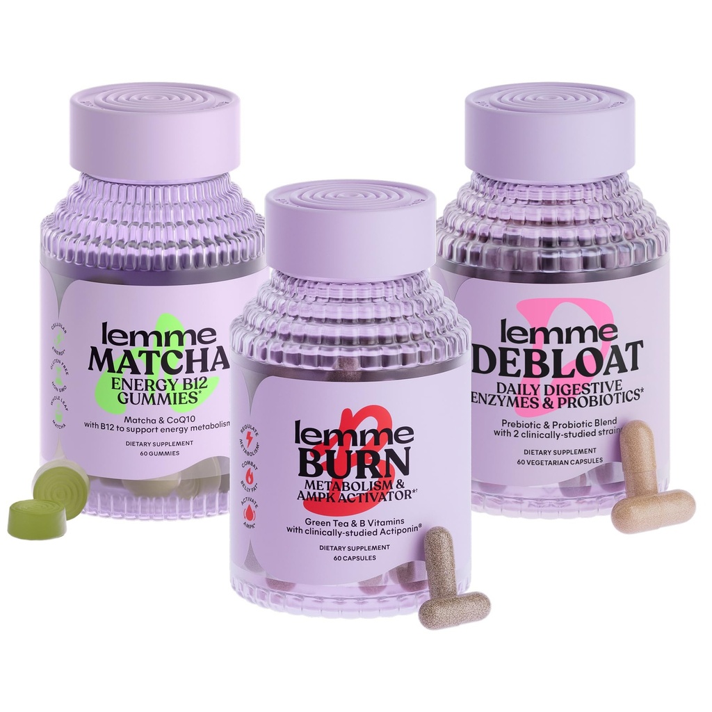 Lemme Burn, Debloat & Matcha Bundle - Metabolism & Fat Burning קפסולות + Bloating & Gas Relief כמוסות + אנרגיה B12 חניכיים - Gluten-Free, non-GMO - 60 ea.