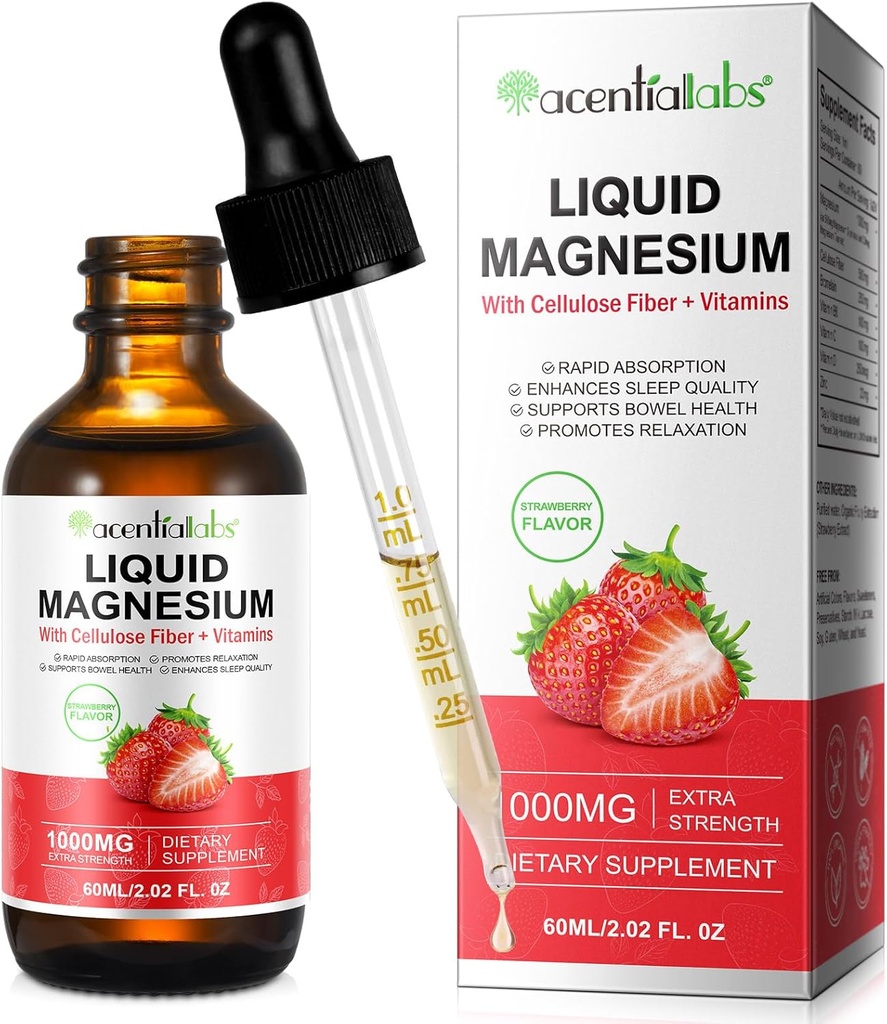 Magnesium Glycinate נוזל,Liquid Magnesium 1000Mg, Magnesium Drops,Liquid Magnesium תוספת, עם Cellulose סיבים, ויטמין B6, C, D, Zinc, בריאות העיכול, מוטיבציה מרגיעה, No Sugar,2 Fl Ozz
