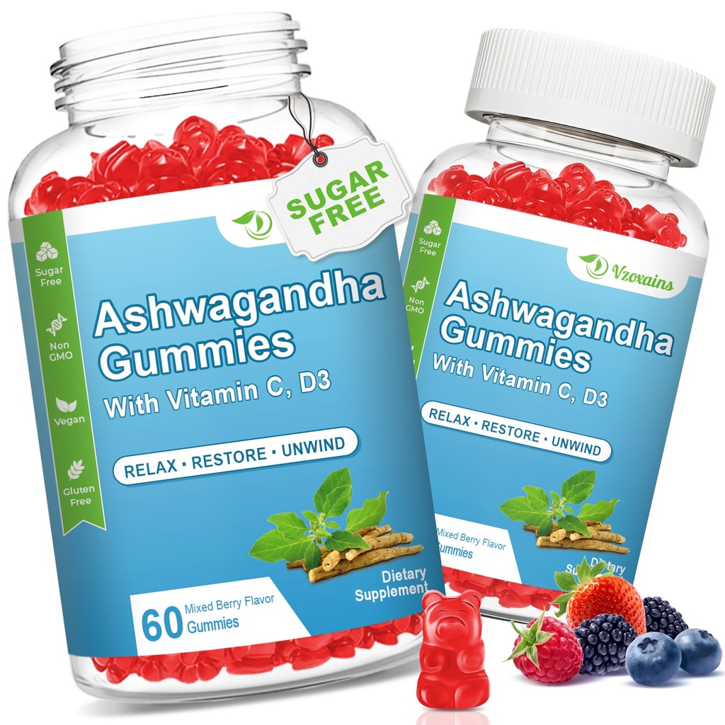 2 Pack Ashwagandha Gummies עם ויטמין D עבור נשים וגברים, סוכר חינם טבעוני 1000MG Ashwagandha תוספת מסטיקמי ויטמין C, 120 ספירה