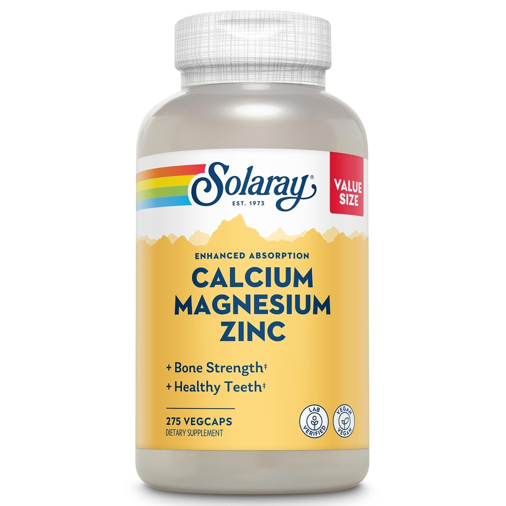 SOLAרי Calcium Magnesium Zinc תוסף - עם Calcium 1000 מ"ג, Magnesium 500 מ"ג - עצם בריאות, תפקוד שרירים, בריאות הלב ותמיכה החיסון - טבעוני, 60 יום ערבות, 68 משרתים, 275 VegCaps, 275