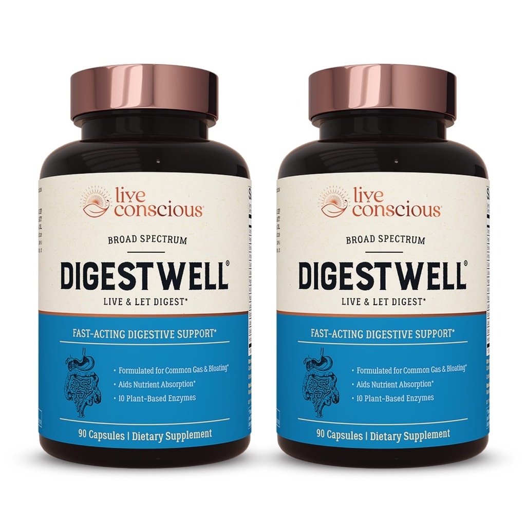 Live Conscious DigestWell Immediate תמיכה - תמיכה מהירה-מעשית | Broad Spectrum Enzyme, Probiotic & Herbal Formula - Decreases Everyday Gas & Bloating - 90 קפסולות (2-Pack)