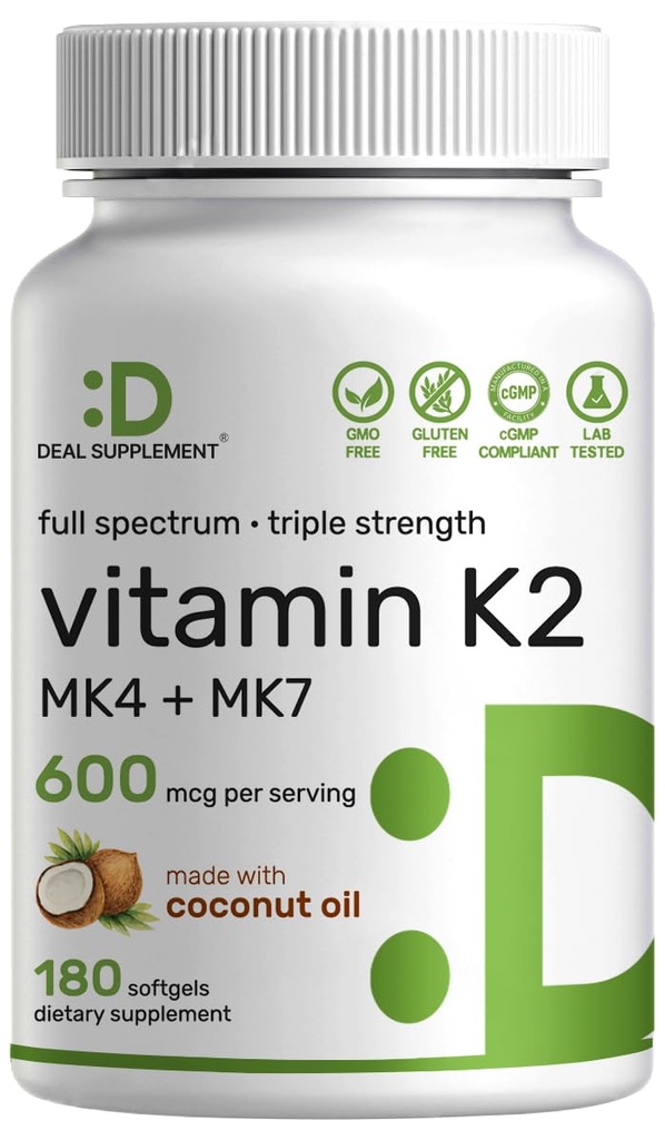 ויטמין K2 תוסף 600mcg, 180 שמן קוקוס Softgels | Full Spectrum High Absorption MK-7 & MK-4 טפסים | Bone, Joint, & Immune Support - non-GMO