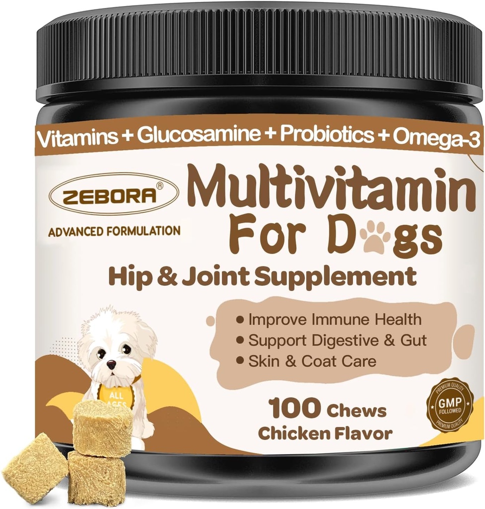 כלב Multivitamin עם מינרלים לבריאות כוללת - ויטמינים לכלבים ותוספים עם Glucosamine, פרוביוטיקה עבור כלבים Puppy & מבוגרים עם מינרלים - אומגה 3 שמן דגים עבור Skin & Coat - 100 צ'אדות
