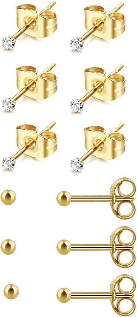 6Pairs 2mm 3mm Surgical Steel Hypoallergenic פירסינג סטאדס, 20G 14K אמיתי זהב מלא זעיר סטים סטרינג ארינג מוגדר עבור מספר רב של פירסינג חור (Cubic Zirconia, פרל, כדור)