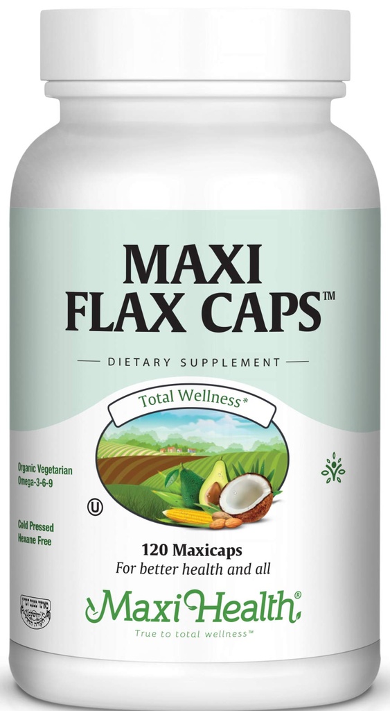 Maxi Flax Caps - אורגני Flaxseed שמן, אומגה 3, 6, 9 - Cold Press - Hexane חינם, 700 מ"ג - כשר, 120 ק"מ
