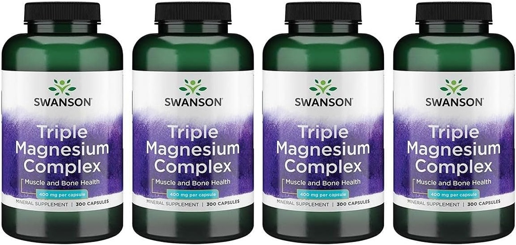 Swanson Triple Magnesium Complex - מינרלים תוספת - תמיכה טבעית - כולל Citrate, Oxide & Aspartate - (300 קפסולות, 400 מ"ג כל אחד, 4 Pack)