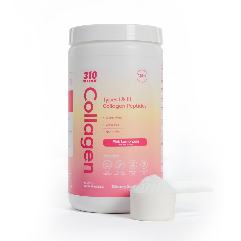 310 תזונה hydrolyzed Collagen Peptides אבקת עבור נשים וגברים - Grass-Fed Collagen תוסף W / Hyaluronic Acid, Resveratrol, ויטמין C,D & E for Skin, שיער וציפורני - 30 SRV פינק Lemonadeadeadeadeadeadeadeadeadeade