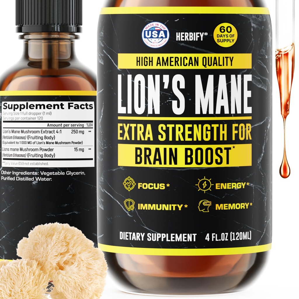HerBIFY Lions Mane תוסף - Daily Mushroom for Memory, Focus & Clarity - Brain Booster - Lions Mane Tincture for Immune Support - 4 Fl oz
