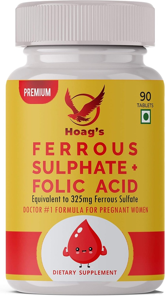 Hoag's Iron 65mg Ferrous Sulfate עם Calcium & folic Acid תוספת תמיכה Red Blood Cell הפקה - 90 Veg Tablets
