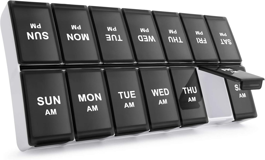 Sukuos Weekly Pill Productionser 2 Times A Day, 7 Day Pill Box AM ראש ממשלה גדול מדי יום גלולות מקרה ויטמין גלולות המכיל ויטמינים, שמן דגים, תוספים