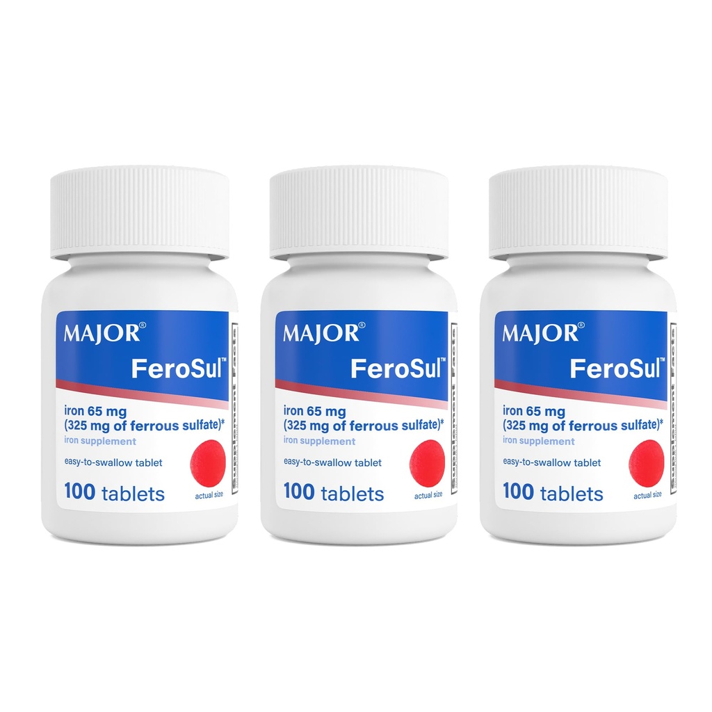 MAJOR Ferosul - Ferrous Sulfate 325 מ"ג טבליות עם 65 מ"ג של ברזל אלמנטרי - תוספת ברזל לנשים, גברים - Red - 100 Count (3 Pack)