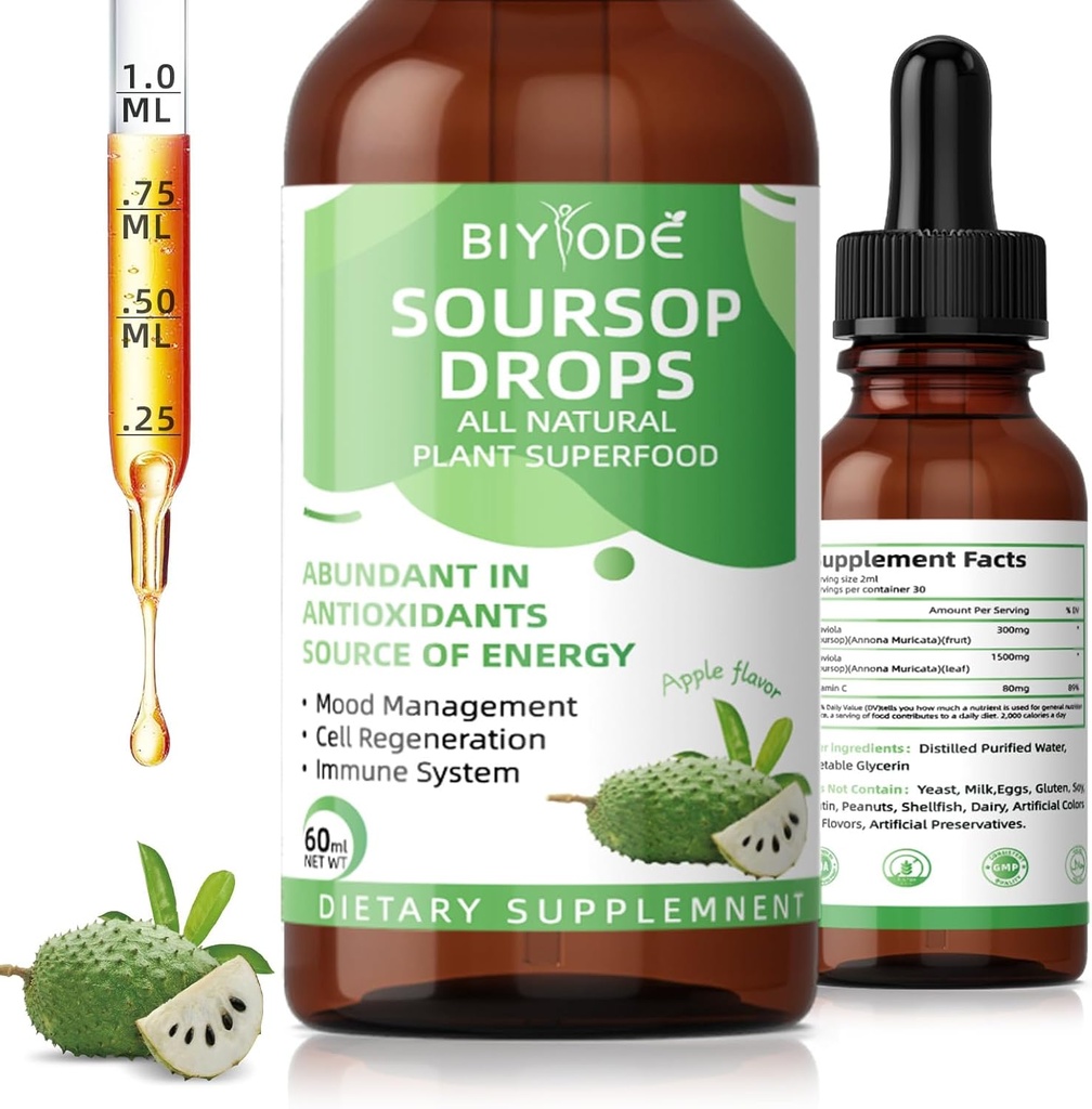 Soursop Graviola נוזל טיפות: 1800 מ"ג Premium Antioxidant תמיכה עבור Immune Health Digestation מרגיע שינה טבעוני סוכר חינם 1 Fl Oz 30 יום אספקה