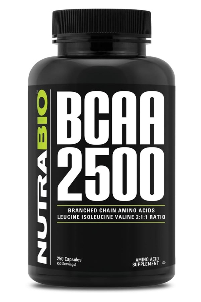 NutraBio - BCAA 2500 - Chain Amino Acids - תמיכה צמיחה שרירית חדשה למנוע הפסקת שרירים - 250 קפסולות