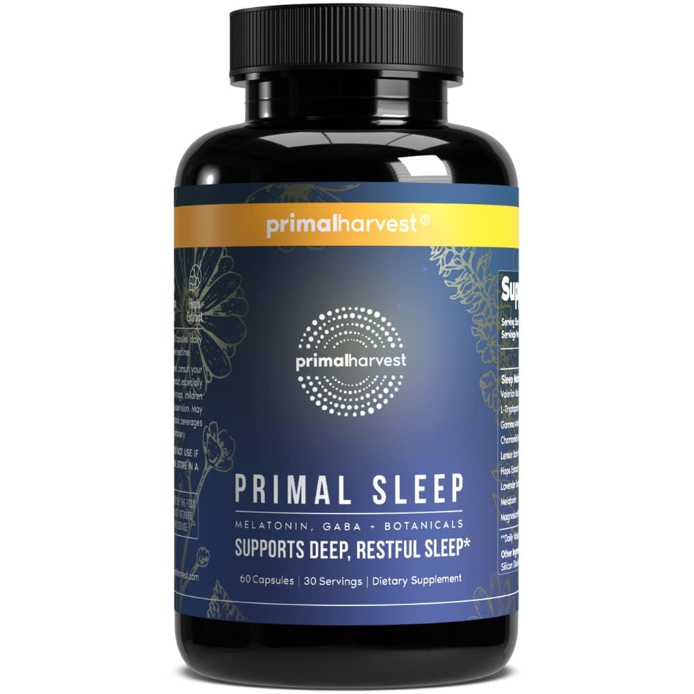 Primal Harvest Primal Sleep Support for Adults with Melatonin, GABA, ולריאן Root, L-Tryptophan, Magnesium Bisglycinate Chelate, ו Chamomile for Deep Restful Sleep
