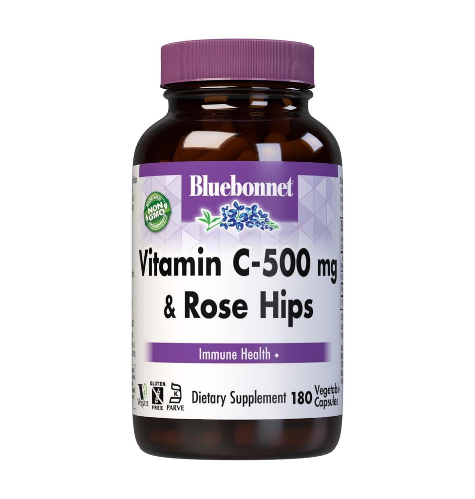BlueBonnet ויטמין C 500 מ"ג פלוס Rosehips ירקות קפסולות, 180 הרוזן