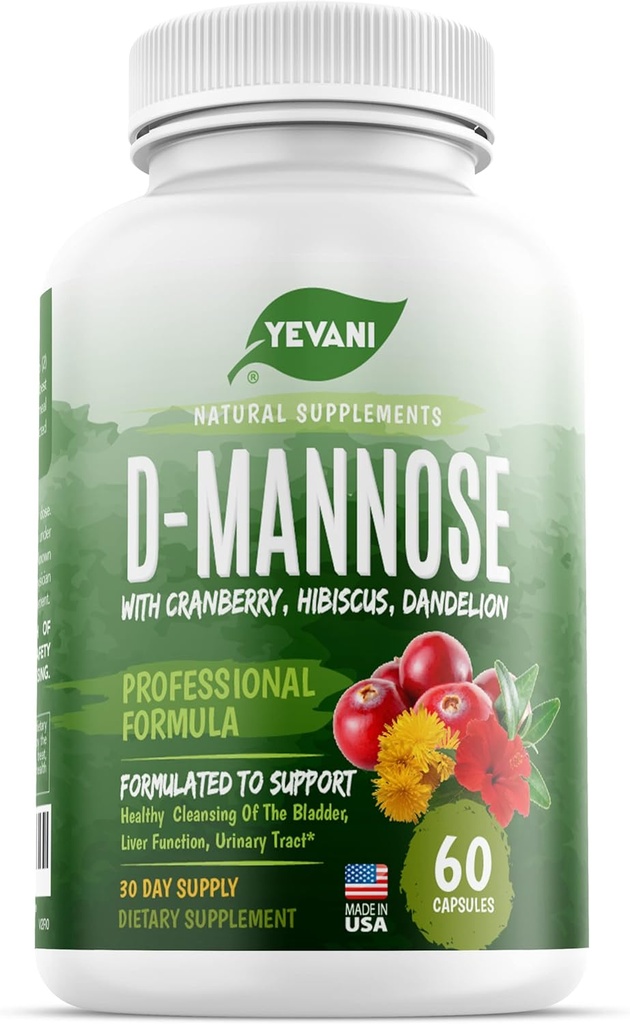 100% טהור D-Mannose קפסולות 1000 מ"ג עם Cranberry, Hibiscus, ו- Dandelion Extraction, Fast Acting Professional UTI Prevention Formula for Urinary Tract Health and Bladder Support