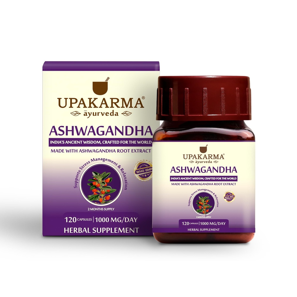UPAKARMA Ashwagandha | 60 יום אספקה | פלט טהור מבוסס 1000 מ"ג לכל המשרתים | Lab Tested, R&D Backed, 120 קפסולות טבעוניות, תוספי מזון ותמיכה באנרגיה