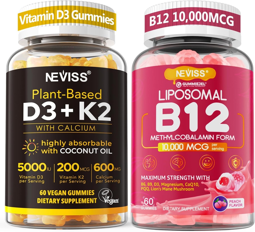NEVISS 2Pack ויטמין D3 5000iu & K2(as MK7) 200mcg חניכיים + 600 מ"ג Calcium + 1 Pack Liposomal Methyl B12 5000 mcg