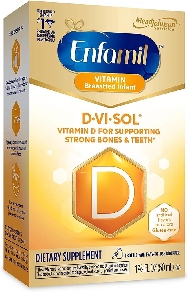 Enfamil D-Vi-Sol ויטמין D טיפות לתינוקות, תומך עצמות חזקות ושיניים, Gluten-Free, Easy to Use Dropper Bottle 50 mL