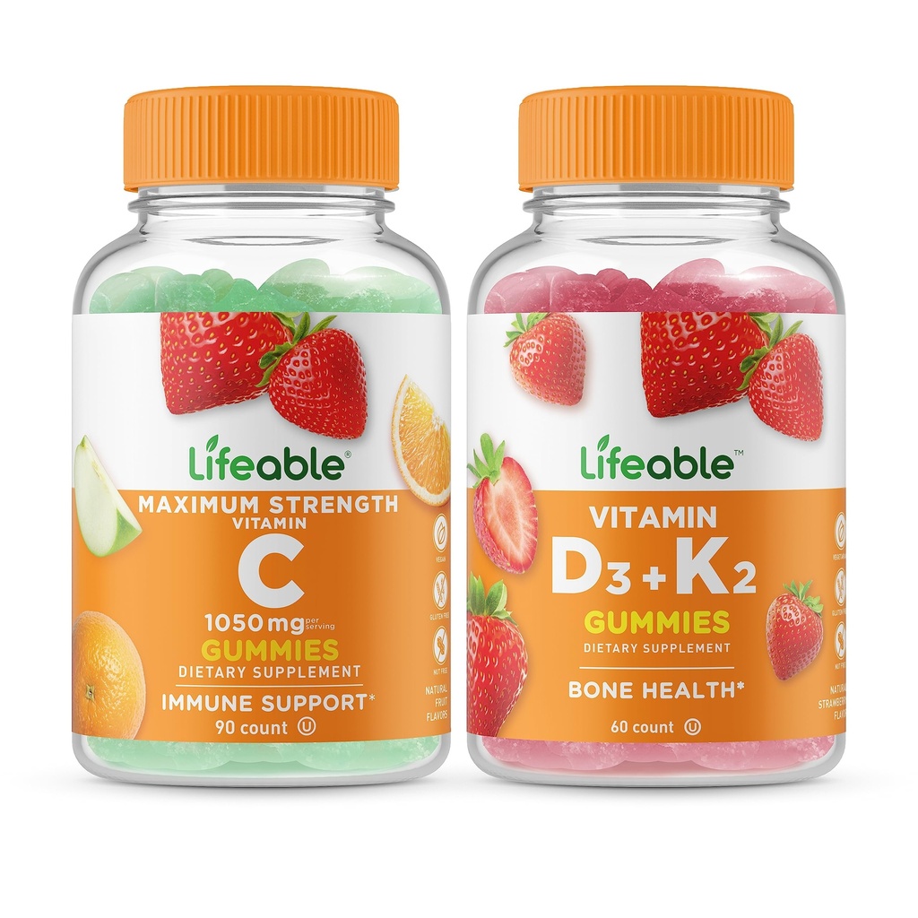 ויטמין C 1050 + ויטמין D3 + ויטמין K2, Gummies Bundle - גדול Tasting, ויטמין תוסף, Gluten Free, GMO חינם, Chewable Gummy