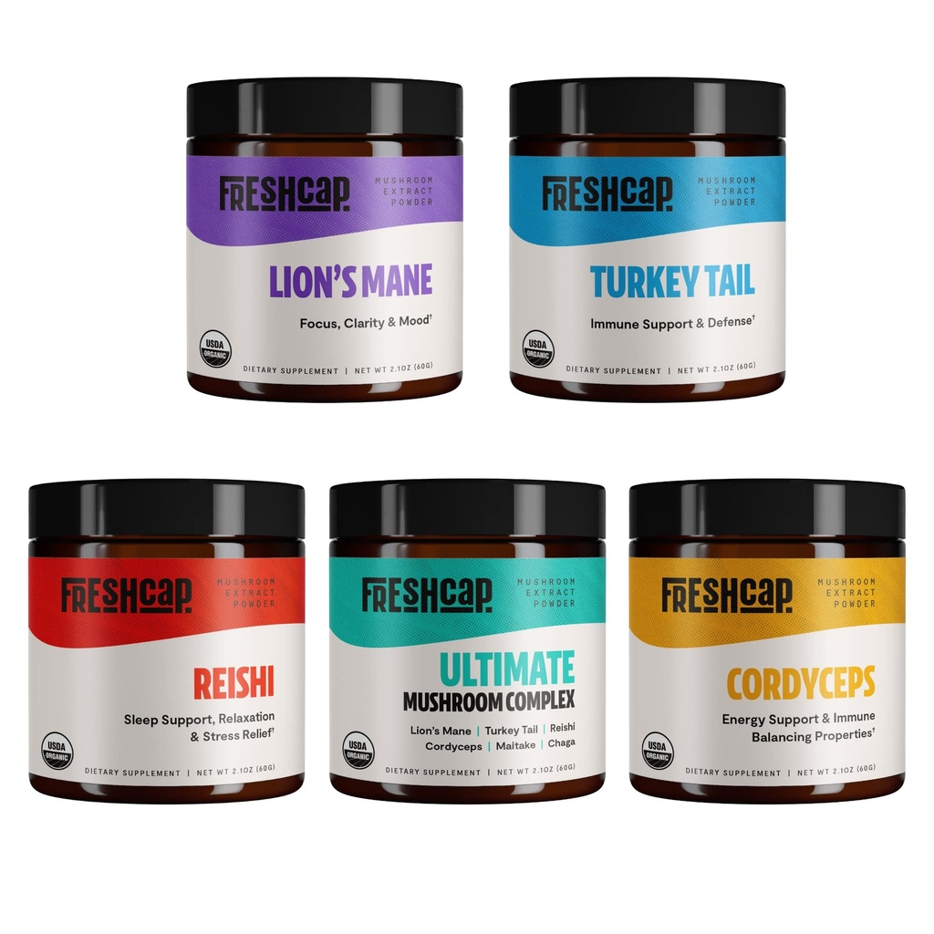 FreshCap Mushrooms Ultimate Mushroom Starter Kit (Cordyceps, Lion's Mane, Turkey Tail, Reishi and the Ultimate Mushroom Complex) 60 משרתים