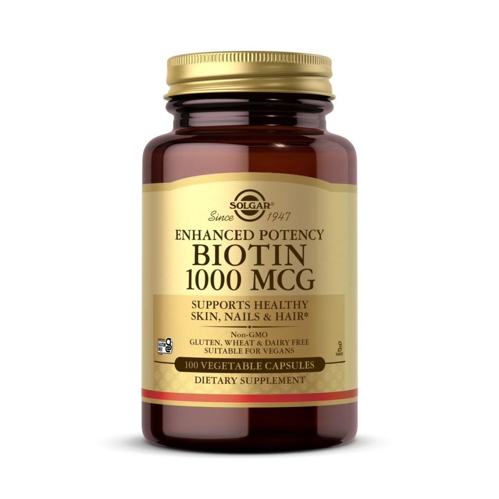 Solgar Biotin 1000 mcg - 100 קפסולות ירקות - תומך עור בריא, ציפורניים שיער - non-GMO, טבעוני, Gluten Free, חלב חינם, כשר - 100 משרתים