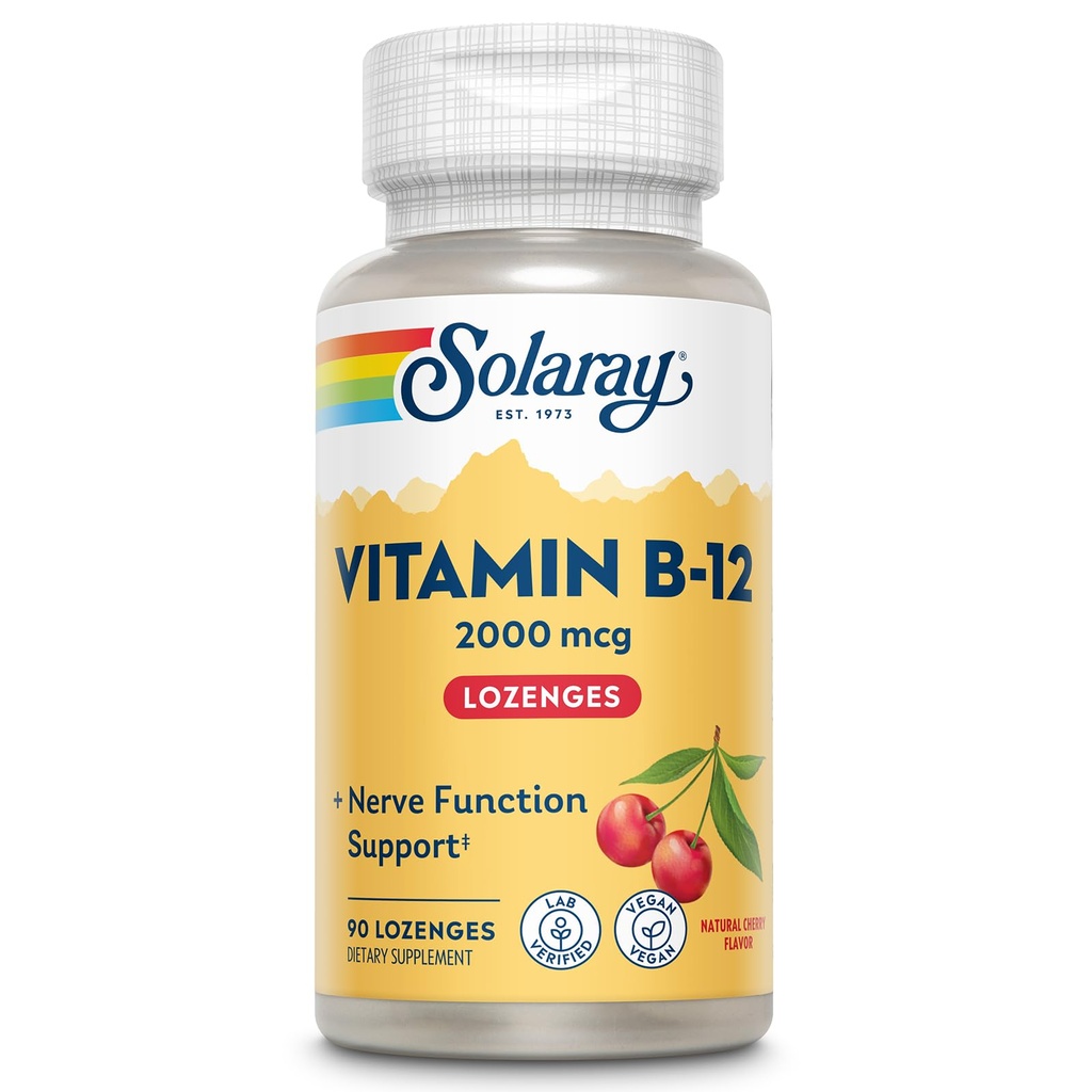 SOLAרי ויטמין B12 2000 mcg Lozenges - No Sugar, Natural Cherry Flavor ויטמין B 12 תוספת לתפקוד עצבי, אנרגיה ו Red Blood Cell Support - מעבדה מאומתת, טבעונית - 90 משרתות, 90 Lozenges