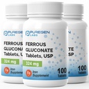Puregen Labs Ferrous Gluconate 324 מ"ג תוספת ברזל, Gentle על Stomach | 3 Pack - 300 טבליות Total